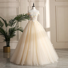 Formal Dresses Cheap, Pretty Tulle Champagne Off Shoulder  Prom Dress, Flowers Lace Formal Dress
