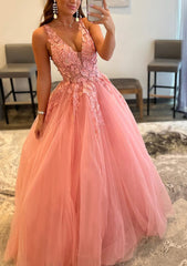 Prom Dresses Light Blue Long, Princess A-line V Neck Sleeveless Sweep Train Tulle Prom Dress With Appliqued Beading