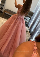 Prom Dress Long Sleeve Ball Gown, Princess A-line V Neck Sleeveless Sweep Train Tulle Prom Dress With Appliqued Beading