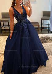 Prom Dresses For 11 Year Olds, Princess A-line V Neck Sleeveless Sweep Train Tulle Prom Dress With Appliqued Beading