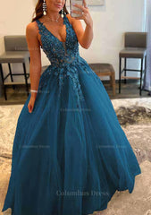 Prom Dresses Sage Green, Princess A-line V Neck Sleeveless Sweep Train Tulle Prom Dress With Appliqued Beading