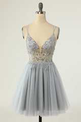 Bridesmaides Dresses Summer, Princess Grey Beaded A-line Short Homecoming Dress