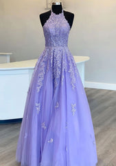 Evening Dress Classy, Princess Halter Long/Floor-Length Lace Tulle Prom Dress With Appliqued Beading