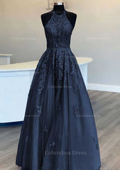 Evening Dresses Prom Long, Princess Halter Long/Floor-Length Lace Tulle Prom Dress With Appliqued Beading