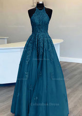 Evening Dress V Neck, Princess Halter Long/Floor-Length Lace Tulle Prom Dress With Appliqued Beading