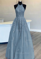 Evening Dresses V Neck, Princess Halter Long/Floor-Length Lace Tulle Prom Dress With Appliqued Beading