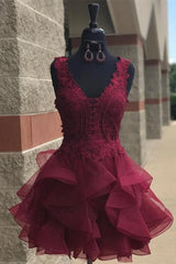 Prom Dresses Long Open Back, Princess Lace Appliques Dark Green Homecoming Dress with Flounced,Short Prom Dresses