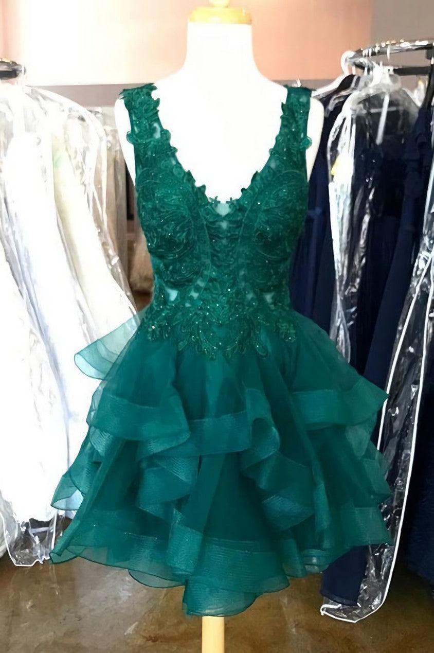 Prom Dress Silk, Princess Lace Appliques Dark Green Homecoming Dress with Flounced,Short Prom Dresses