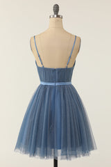 Bridesmaids Dress Affordable, Princess Misty Blue A-line Short Party Dress with Ribbon