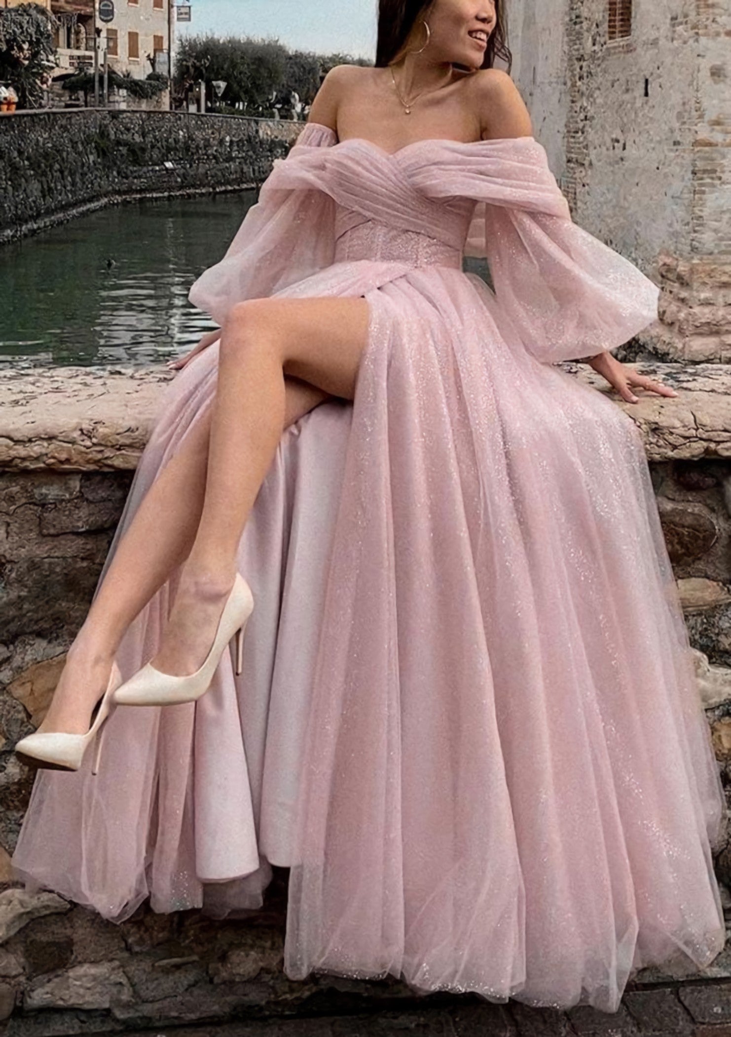 Prom Dress 2014, Princess Off-the-Shoulder Sweep Train Tulle Prom Dress With Pleated Split