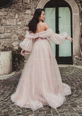 Prom Dresses Dresses, Princess Off-the-Shoulder Sweep Train Tulle Prom Dress With Pleated Split