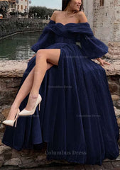 Prom Dress Dresses, Princess Off-the-Shoulder Sweep Train Tulle Prom Dress With Pleated Split