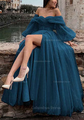 Prom Dresses Dress, Princess Off-the-Shoulder Sweep Train Tulle Prom Dress With Pleated Split