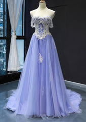 Prom Dresses 2023 Ball Gown, Princess Off-the-Shoulder Sweep Train Tulle Satin Prom Dress With Appliqued