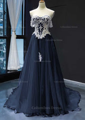 Prom Dressed Black, Princess Off-the-Shoulder Sweep Train Tulle Satin Prom Dress With Appliqued