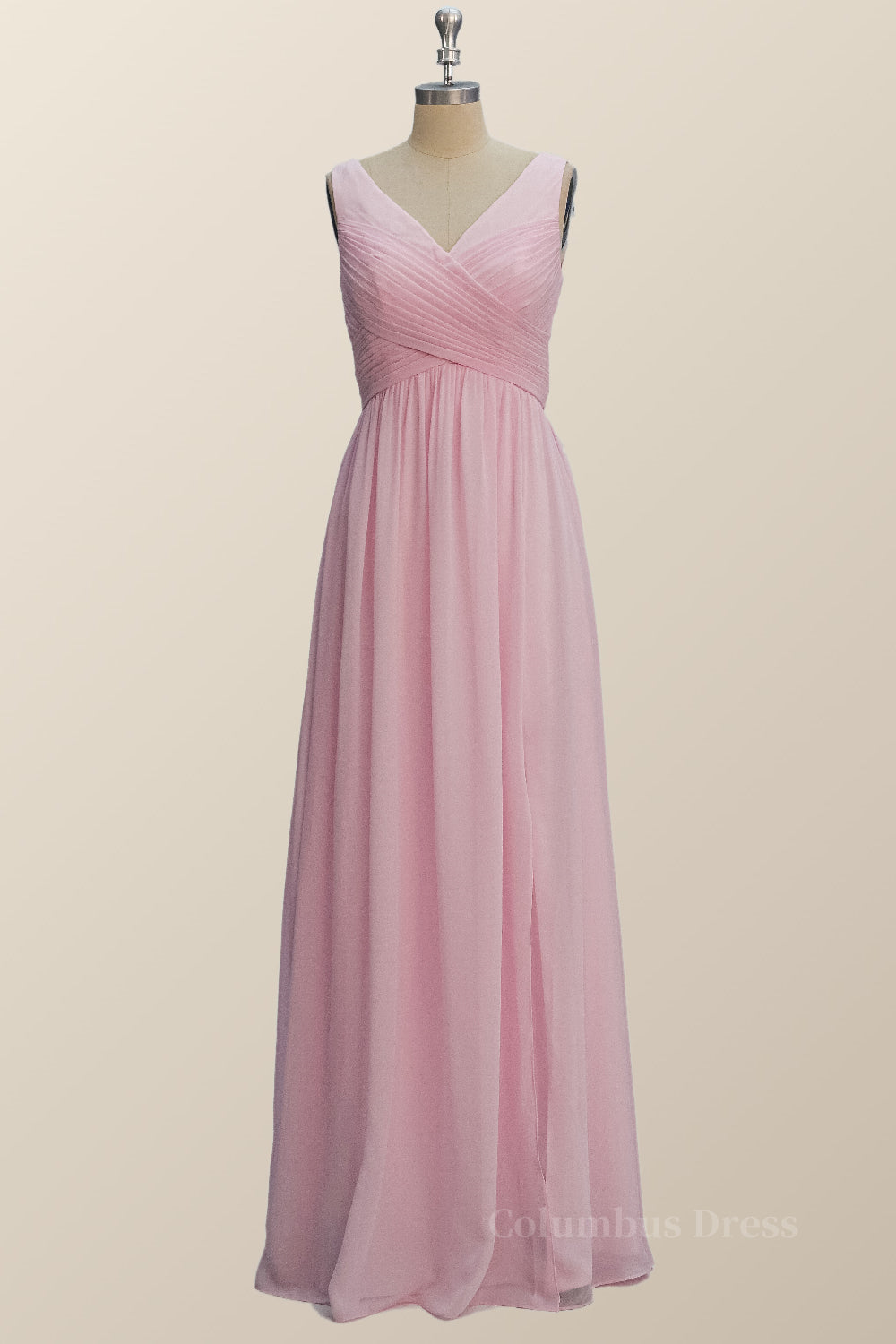 Prom Dresses 05, Princess Pink Pleated V Neck Long Bridesmaid Dress