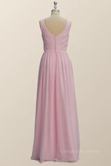 Prom Dress 05, Princess Pink Pleated V Neck Long Bridesmaid Dress