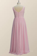 Prom Dress Under 55, Princess Pink Pleated V Neck Long Bridesmaid Dress