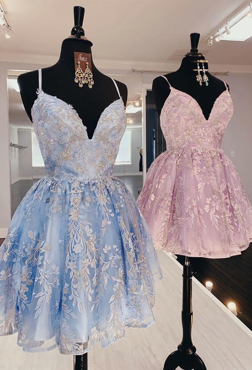 Prom Dress Blush, princess pink short homecoming dresses, light sky blue formal homecoming dresses, lace hoco dresses for teens