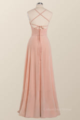 Formal Dress Off The Shoulder, Princess Pink Straps Chiffon A-line Long Bridesmaid Dress