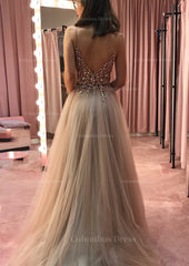 Party Dresses For Girls, Princess V Neck Court Train Tulle Prom Dress With Appliqued Beading