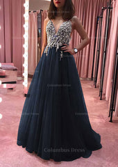Party Dress Wedding Guest Dress, Princess V Neck Court Train Tulle Prom Dress With Appliqued Beading