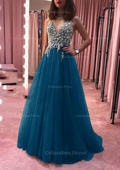 Party Dress Roman, Princess V Neck Court Train Tulle Prom Dress With Appliqued Beading