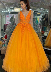Formal Dresses Shops, Princess V Neck Long/Floor-Length Tulle Prom Dress With Appliqued