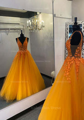 Formal Dress Shop, Princess V Neck Long/Floor-Length Tulle Prom Dress With Appliqued