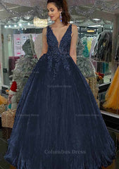 Formal Dress Shops, Princess V Neck Long/Floor-Length Tulle Prom Dress With Appliqued