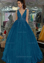Formal Dresses Shop, Princess V Neck Long/Floor-Length Tulle Prom Dress With Appliqued