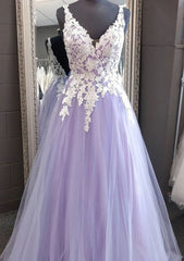 Bridesmaide Dress Colors, Princess V Neck Long/Floor-Length Tulle Prom Dress With Appliqued Lace