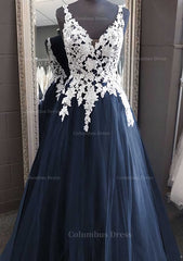 Bridesmaids Dress Colors, Princess V Neck Long/Floor-Length Tulle Prom Dress With Appliqued Lace