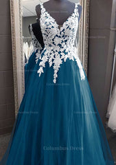 Bridesmaids Dresses Colorful, Princess V Neck Long/Floor-Length Tulle Prom Dress With Appliqued Lace