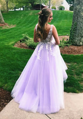 Bridesmaid Dress Dusty Blue, Princess V Neck Sweep Train Tulle Prom Dress With Appliqued