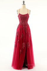 Bridesmaid Dresses Colors, Princess Wine Red Appliques A-line Long Formal Dress with Slit