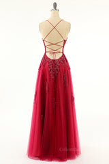 Bridesmaids Dress Color, Princess Wine Red Appliques A-line Long Formal Dress with Slit
