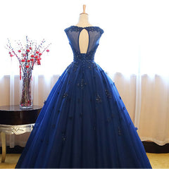 Short White Dress, Navy Blue Tulle Cap Sleeves Quinceanera Dresses, Blue Beaded Ball Gown Party Dress