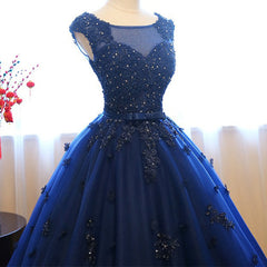 Formal Dress Short, Navy Blue Tulle Cap Sleeves Quinceanera Dresses, Blue Beaded Ball Gown Party Dress