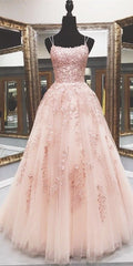 Bridesmaids Dresses Beach, Lace Appliques Pink A LineTulle Long Prom Dresses With Straps