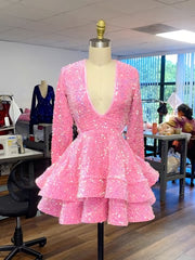 Party Dresses Mini, Pink Cocktail Dresses A-Line V-Neck Long Sleeve Shiny Sequin Homecoming Dresses