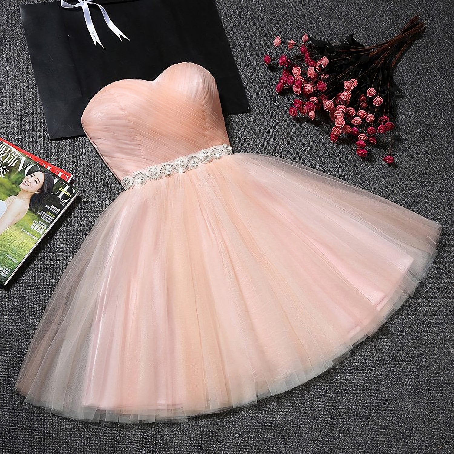 Prom Dresses Piece, Strapless Blush Pink Tulle Short With Sash Sweet 16 Cute Prom Dresses