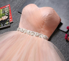 Prom Dress Piece, Strapless Blush Pink Tulle Short With Sash Sweet 16 Cute Prom Dresses