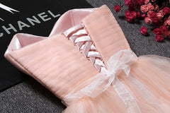 Prom Dresses For Short People, Strapless Blush Pink Tulle Short With Sash Sweet 16 Cute Prom Dresses