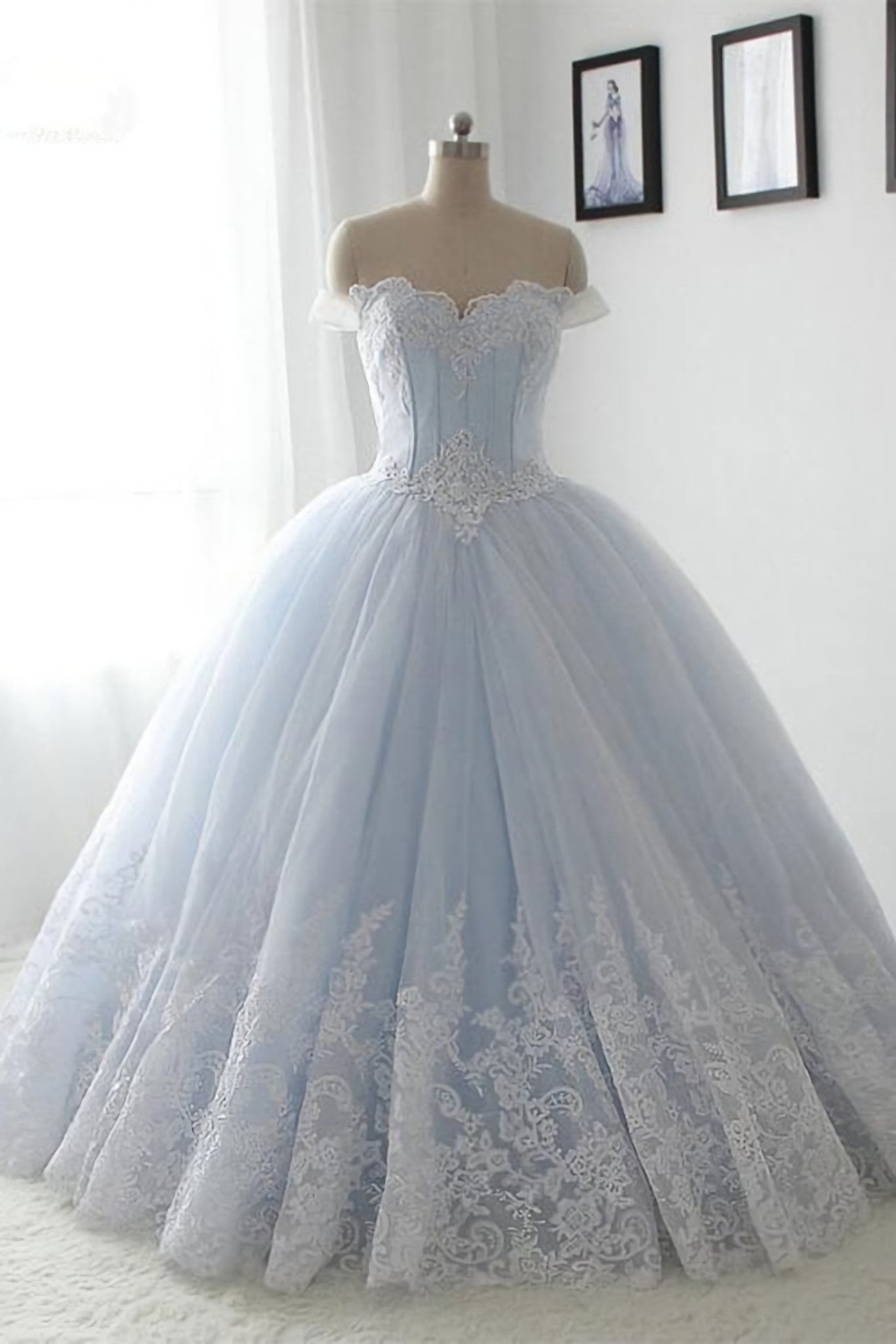 Prom Dresses Guide, Light Blue Lace Sweetheart A Line Long Princess Prom Dresses