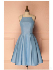 Prom Dress Places, Sky Blue A Line Satin Blue Spaghetti Straps Short Prom Dresses