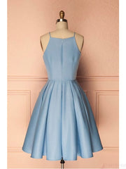 Prom Dress Trends 2041, Sky Blue A Line Satin Blue Spaghetti Straps Short Prom Dresses