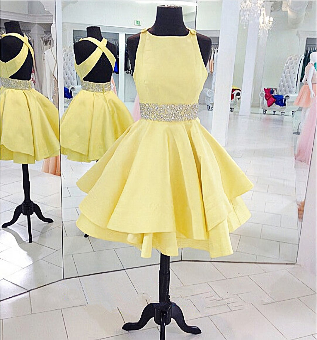 Prom Dresses Long Beautiful, Yellow es Cross Back Short Cute Beading Prom Dresses