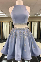 Prom Dress With Sleeves, Stylish Two Piece A Line Jewel Sleeveless Short With Beading Prom Dresses