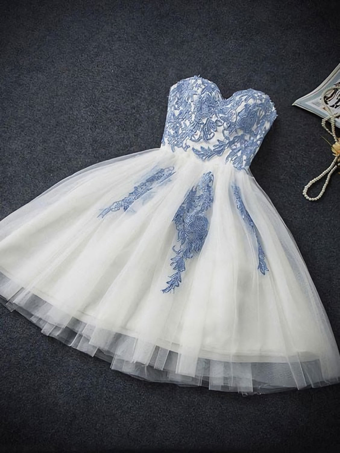 Prom Dresses Tulle, A Line Strapless Cute Sweetheart Short Ivory Hoco Short Prom Dresses